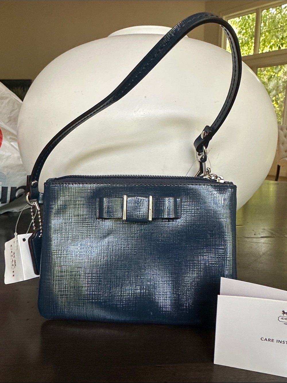 Coach Navy Textured Leather Shoulder Bag with Bow Accent